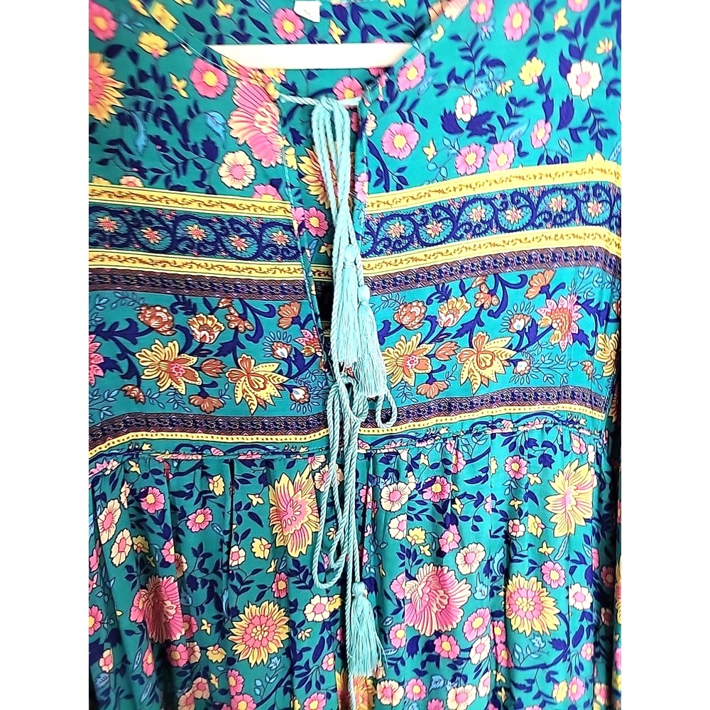 Prairie Boho Tassel Tied Midi Dress Women's M Blue-Green Floral Balloon Sleeve - Picture 6 of 10